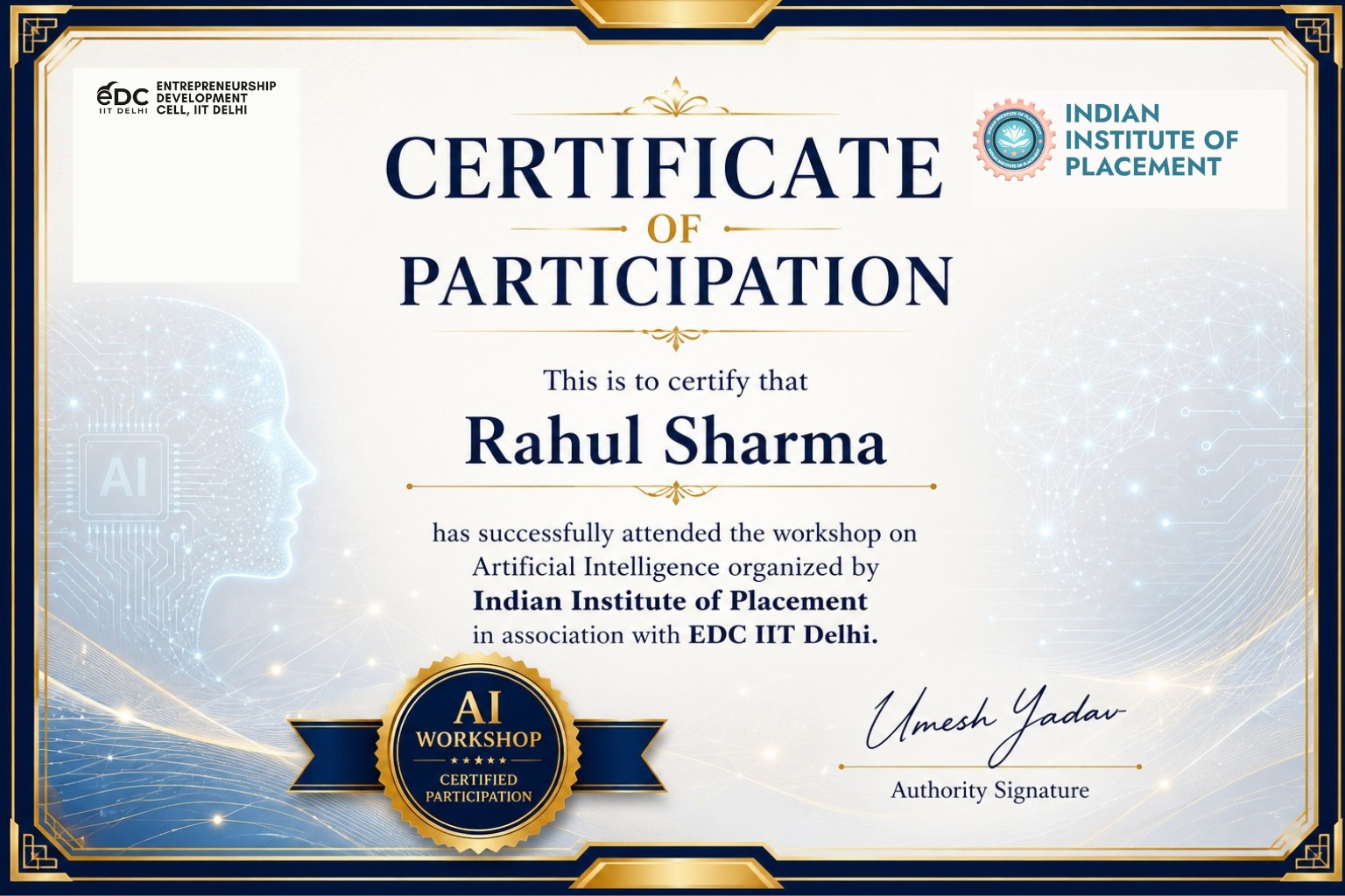 Sample Certificate of Participation - AI Workshop