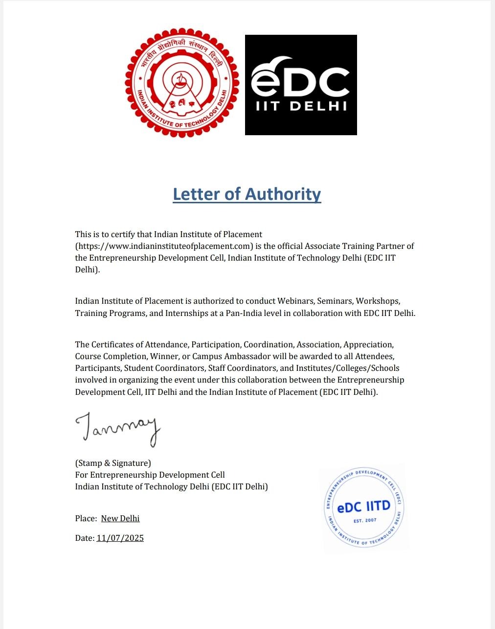 Letter of Authority from EDC IIT Delhi authorizing Indian Institute of Placement